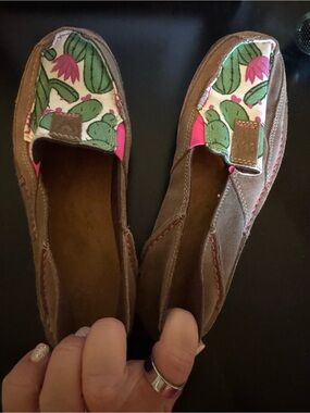 Ariat Brown Slip-On Flats with Pink & Green Cactus Print